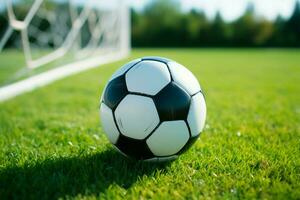 fútbol pelota en un prístino campo, Listo para emocionante acción ai generado foto