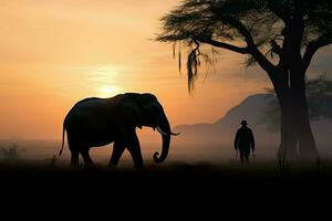 silueta cuidador de elefantes paseos un elefante debajo un árbol a amanecer ai generado foto