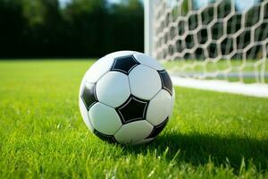 fútbol pelota posicionado en un bien mantenido, herboso jugando campo ai generado foto