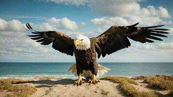 A beautiful summer day with blue sky and a lone Steller's sea eagle over the beach AI Generative photo