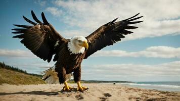 A beautiful summer day with blue sky and a lone Steller's sea eagle over the beach AI Generative photo