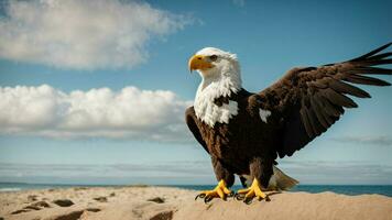 A beautiful summer day with blue sky and a lone Steller's sea eagle over the beach AI Generative photo