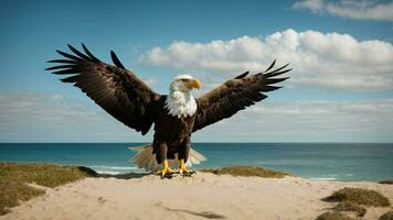 A beautiful summer day with blue sky and a lone Steller's sea eagle over the beach AI Generative photo