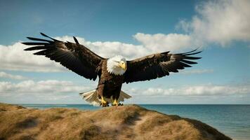 A beautiful summer day with blue sky and a lone Steller's sea eagle over the beach AI Generative photo