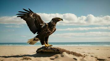 A beautiful summer day with blue sky and a lone Steller's sea eagle over the beach AI Generative photo