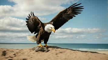 A beautiful summer day with blue sky and a lone Steller's sea eagle over the beach AI Generative photo