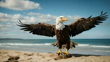 A beautiful summer day with blue sky and a lone Steller's sea eagle over the beach AI Generative photo