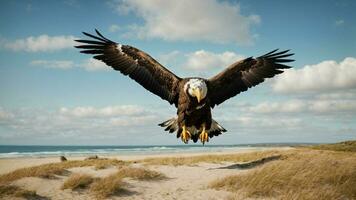 un hermosa verano día con azul cielo y un solitario de Steller mar águila terminado el playa ai generativo foto