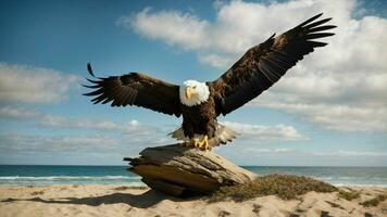 A beautiful summer day with blue sky and a lone Steller's sea eagle over the beach AI Generative photo