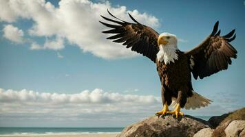 A beautiful summer day with blue sky and a lone Steller's sea eagle over the beach AI Generative photo