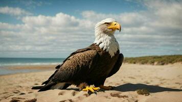 A beautiful summer day with blue sky and a lone Steller's sea eagle over the beach AI Generative photo