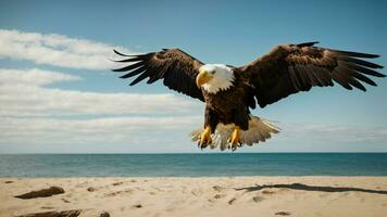 A beautiful summer day with blue sky and a lone Steller's sea eagle over the beach AI Generative photo