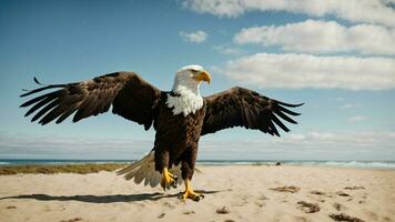 A beautiful summer day with blue sky and a lone Steller's sea eagle over the beach AI Generative photo