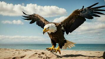 A beautiful summer day with blue sky and a lone Steller's sea eagle over the beach AI Generative photo