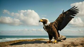 A beautiful summer day with blue sky and a lone Steller's sea eagle over the beach AI Generative photo