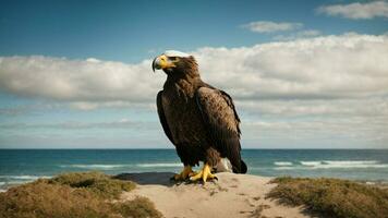 A beautiful summer day with blue sky and a lone Steller's sea eagle over the beach AI Generative photo