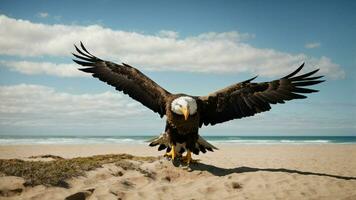 A beautiful summer day with blue sky and a lone Steller's sea eagle over the beach AI Generative photo