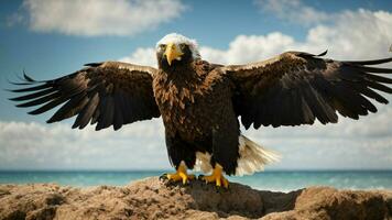 A beautiful summer day with blue sky and a lone Steller's sea eagle over the beach AI Generative photo