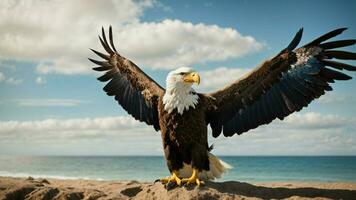 un hermosa verano día con azul cielo y un solitario de Steller mar águila terminado el playa ai generativo foto