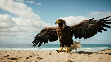 A beautiful summer day with blue sky and a lone Steller's sea eagle over the beach AI Generative photo