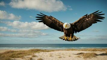 A beautiful summer day with blue sky and a lone Steller's sea eagle over the beach AI Generative photo