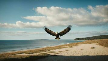 un hermosa verano día con azul cielo y un solitario de Steller mar águila terminado el playa ai generativo foto