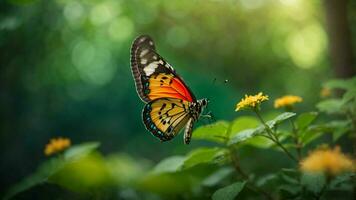 naturaleza antecedentes con un hermosa volador mariposa con verde bosque ai generativo foto