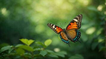 Nature background with a beautiful flying butterfly with green forest AI Generative photo