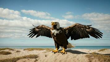 A beautiful summer day with blue sky and a lone Steller's sea eagle over the beach AI Generative photo