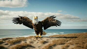 A beautiful summer day with blue sky and a lone Steller's sea eagle over the beach AI Generative photo