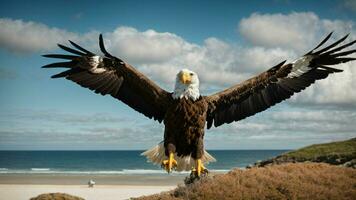 A beautiful summer day with blue sky and a lone Steller's sea eagle over the beach AI Generative photo