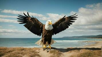 A beautiful summer day with blue sky and a lone Steller's sea eagle over the beach AI Generative photo