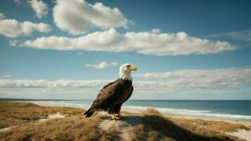 A beautiful summer day with blue sky and a lone Steller's sea eagle over the beach AI Generative photo