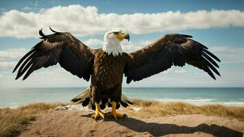 A beautiful summer day with blue sky and a lone Steller's sea eagle over the beach AI Generative photo