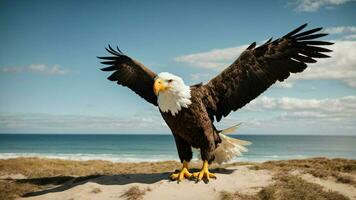 A beautiful summer day with blue sky and a lone Steller's sea eagle over the beach AI Generative photo