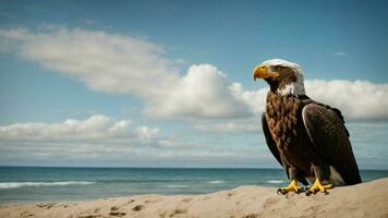 A beautiful summer day with blue sky and a lone Steller's sea eagle over the beach AI Generative photo