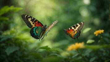 Nature background with a beautiful flying butterfly with green forest AI Generative photo