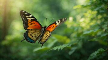 Nature background with a beautiful flying butterfly with green forest AI Generative photo