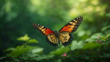 naturaleza antecedentes con un hermosa volador mariposa con verde bosque ai generativo foto