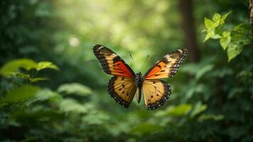 Nature background with a beautiful flying butterfly with green forest AI Generative photo