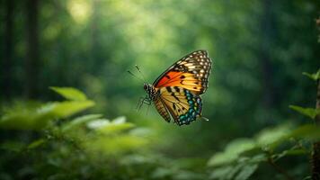 Nature background with a beautiful flying butterfly with green forest AI Generative photo