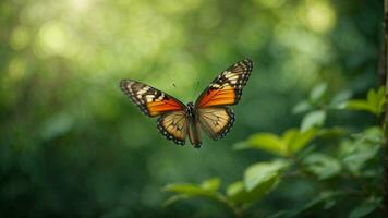 Nature background with a beautiful flying butterfly with green forest AI Generative photo