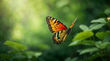 Nature background with a beautiful flying butterfly with green forest AI Generative photo