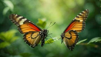 Nature background with a beautiful flying butterfly with green forest AI Generative photo