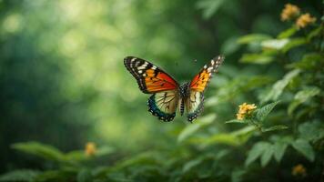 Nature background with a beautiful flying butterfly with green forest AI Generative photo