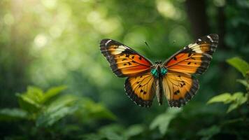 Nature background with a beautiful flying butterfly with green forest AI Generative photo