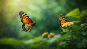 naturaleza antecedentes con un hermosa volador mariposa con verde bosque ai generativo foto