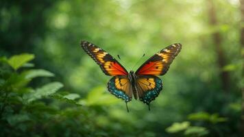 Nature background with a beautiful flying butterfly with green forest AI Generative photo