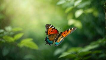 Nature background with a beautiful flying butterfly with green forest AI Generative photo