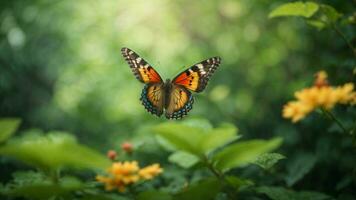 Nature background with a beautiful flying butterfly with green forest AI Generative photo